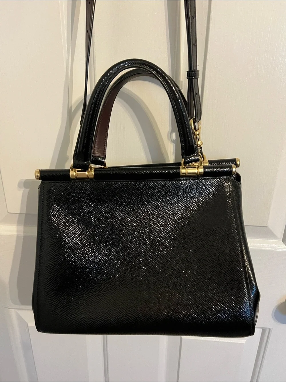 COACH Black Leather Structured Top-Handle Satchel with Gold Hardware